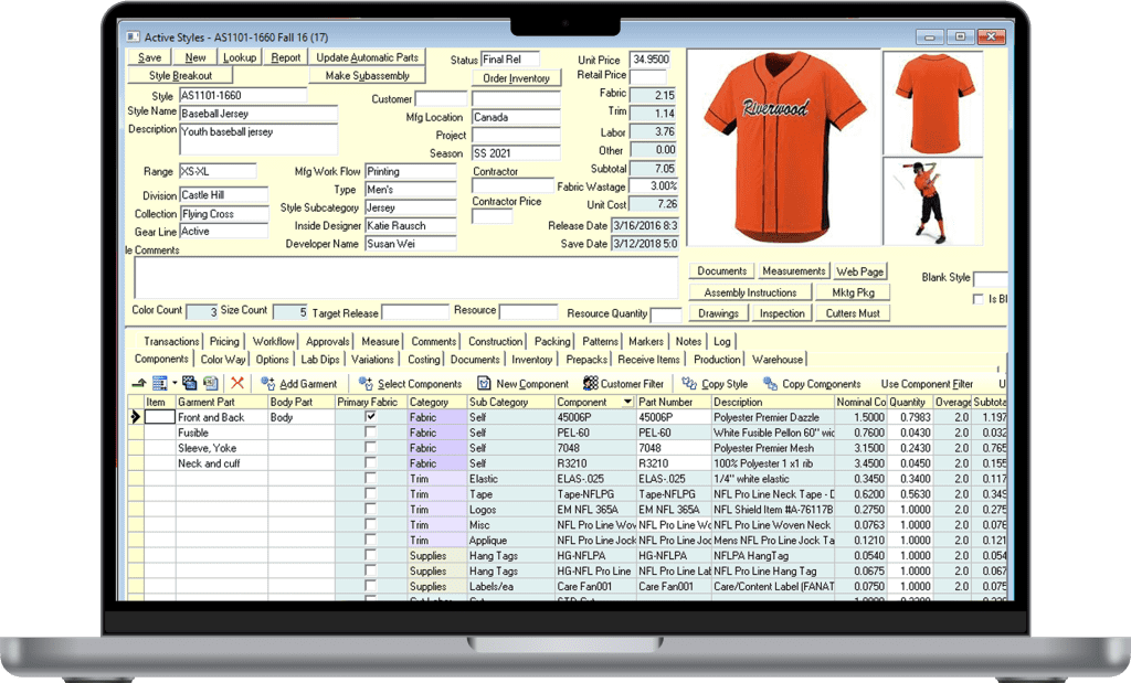 PolyPM apparel manufacturing ERP software displayed on a laptop screen showing a detailed style record, components, materials, and costing for a baseball jersey.