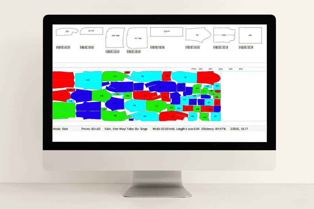 PolyNest by Polygon Software displaying multi-color nested garment pattern pieces at 84% efficiency — apparel and textile pattern design software for cutting preparation