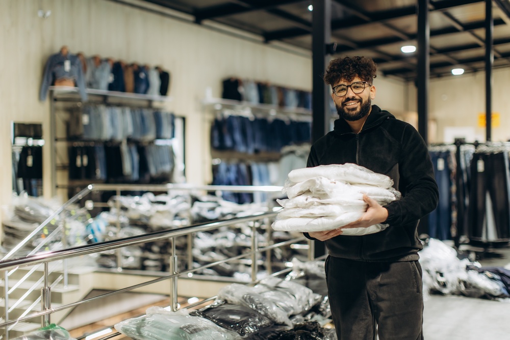 Fashion industry professionals holding finished clothing while using apparel supply chain management software to streamline supplier collaboration and order fulfillment.

